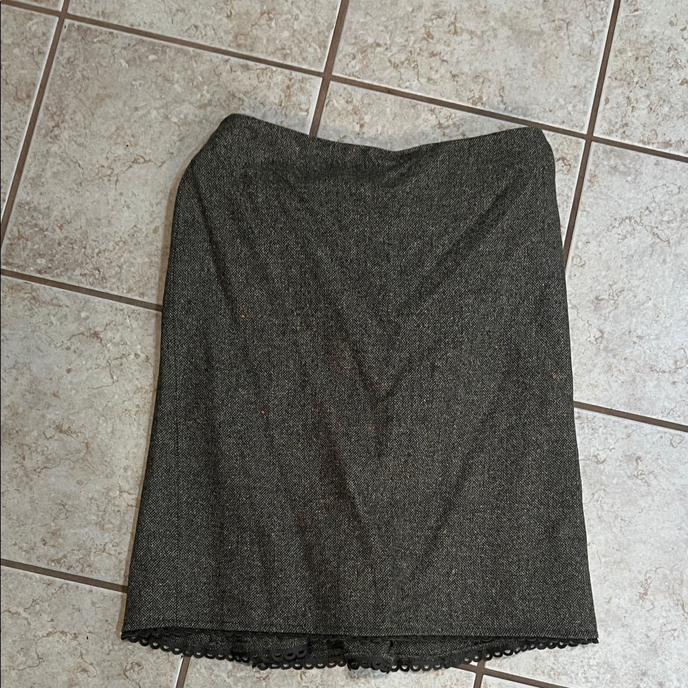 be Women’s Wool Blend Tweed Skirt Olive Brown Flecked Scalloped Hem 6